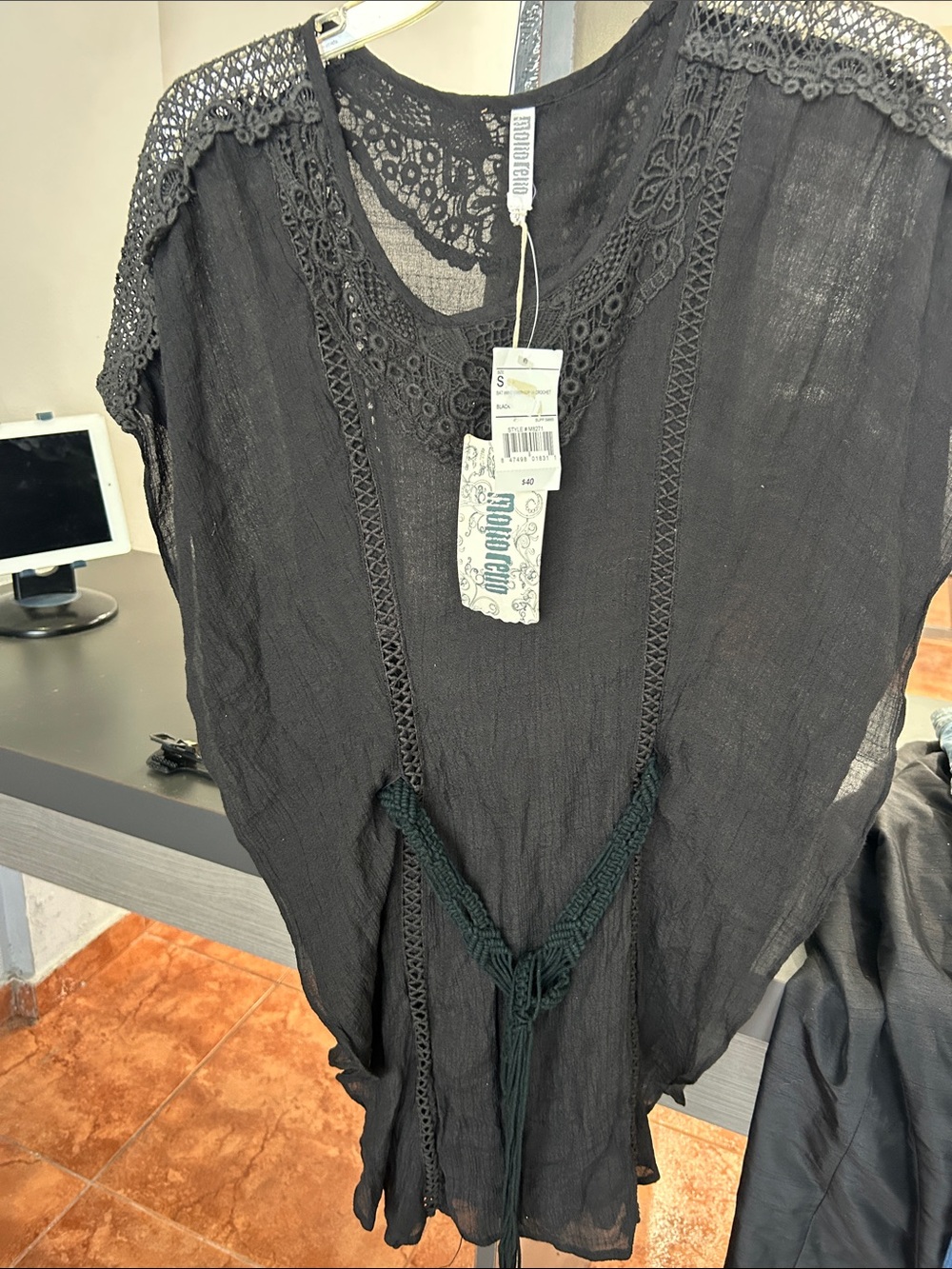 Mono reno Black Crochet-Trim Gauze Tunic with Tassel Tie